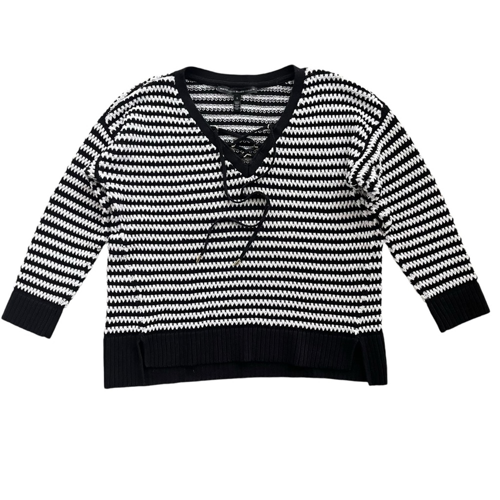 White House Black Market Sm Black White Stitchy Stripe, Lace-up Pullover Sweater